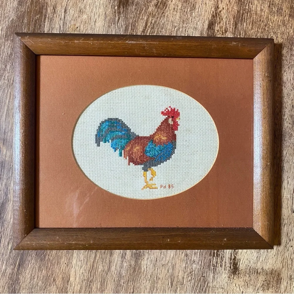 2 Vintage Handmade Cross Stitch Rooster & Chicken Wood Frame Cottagecore 11”x9” - Picture 2 of 10